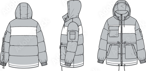 Winter hooded jacket technical fashion flats, front side back views puffer outerwear apparel design template cad drawing flat vector illustration