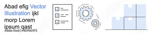 Supply chain management, logistics workflow, inventory organization, process optimization, teamwork, and productivity. Checklist, gears in motion and stacked boxes. Supply chain and logistics