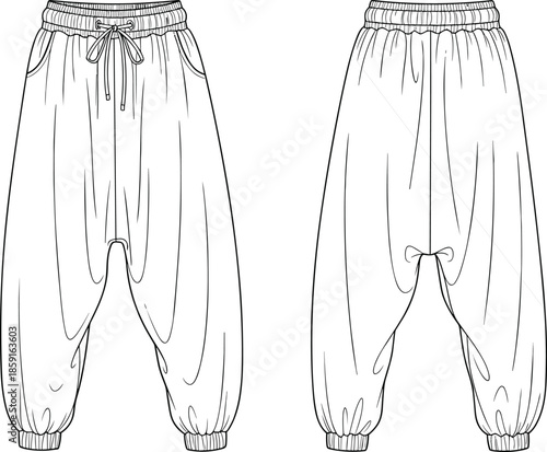 Women harem pants technical fashion flats, front back views elastic waist casual trousers apparel design cad drawing flat vector illustration