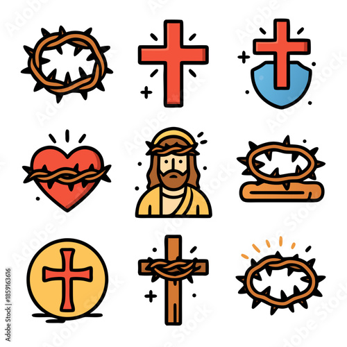 Christian religious symbols, crosses, hearts, and a mans portrait. Ideal for religious content, church materials, or spiritual designs.