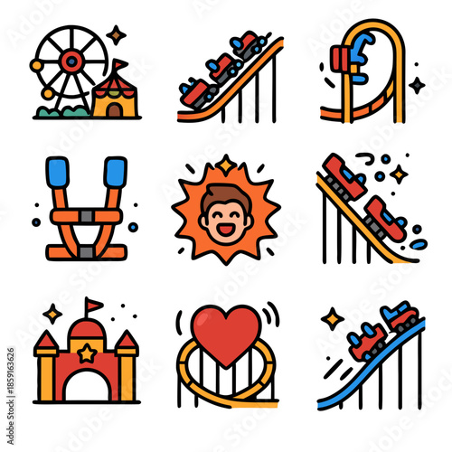 Amusement park rides, smiles, laughter, and excitement. Suitable for travel brochures, promotional materials, and online marketing campaigns.