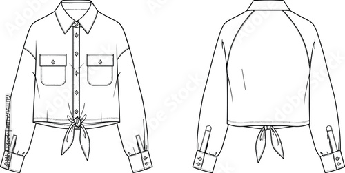 Women cropped tie waist shirt technical fashion flats, front back views casual blouse apparel design cad 