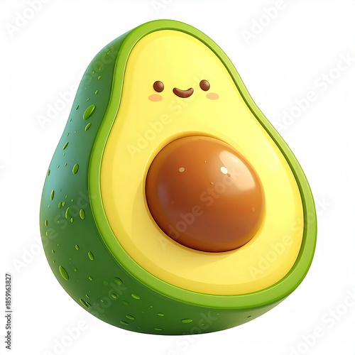 Cartoon avocado character, smiling, cut open, with a pit and water droplets