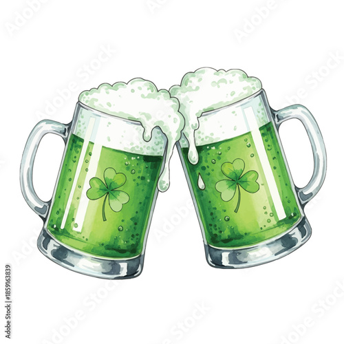 Watercolor Green Beer Mugs Toast for St. Patrick's Day