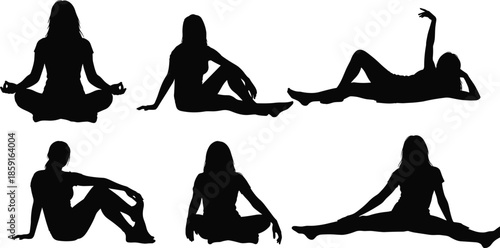 Black silhouettes of woman in various sitting and yoga poses, female character exercising and relaxing, wellness and fitness health vector illustration, isolated