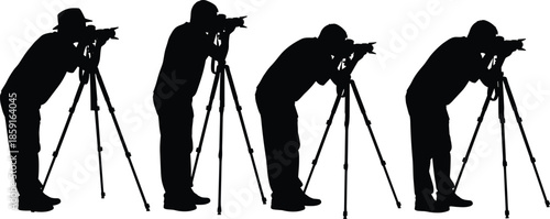 Black silhouettes of professional photographers using cameras on tripods set, press paparazzi and nature photography experts, isolated vector illustration on white background