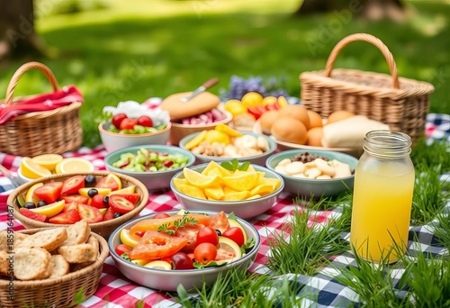 Vibrant picnic spread featuring colorful salads, pastries, and lemonade, set against a backdrop of green grass and trees, picnic spread,  nature backdrop