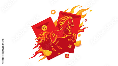 A vibrant illustration of a fire horse on red envelopes surrounded by flames and gold coins, symbolizing Chinese New Year 2026 with a festive and celebratory mood.