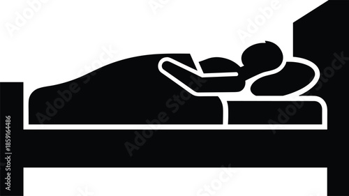 Black Vector Icon of Person Sleeping in Bed Covered by a Blanket, Hotel Room or Rest Symbol, Sleep Hygiene and Wellness Graphic Pictogram Illustration