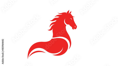 A red fire horse silhouette with a flowing mane and tail, symbolizing Chinese New Year 2026, set against a clean white background with red envelopes nearby.