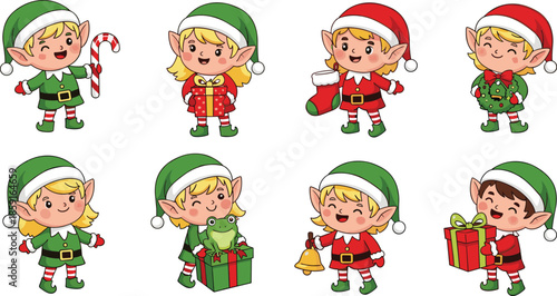 Christmas elves cartoon illustration, festive holiday characters with candy cane, gift, stocking, wreath, bell, frog, cheerful decoration, vector art