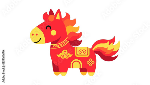 Illustration of a smiling fire horse with red and yellow flames, adorned with golden decorations, holding red envelopes, celebrating Chinese New Year 2026 on a white background with a