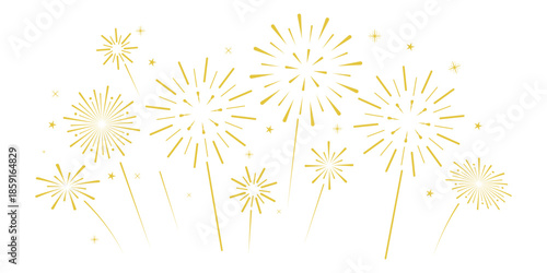 Luxury Golden New Year Firework Vector Illustration Set; Collection of Elegant Gold Bursting Celebration Sparkles Isolated on White Background for Party Posters and Festive Cards
