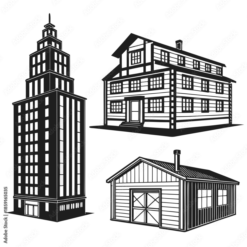 Fototapeta premium Three different types of buildings
