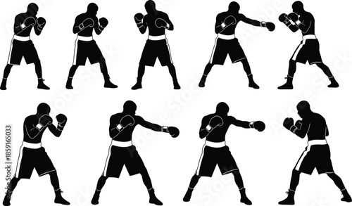 Boxer Silhouette Vector Collection, Set of Black Male Fighters in Dynamic Punching, Guard, and Attack Poses, Isolated for Martial Arts, Sport, Fitness, and Competition Design