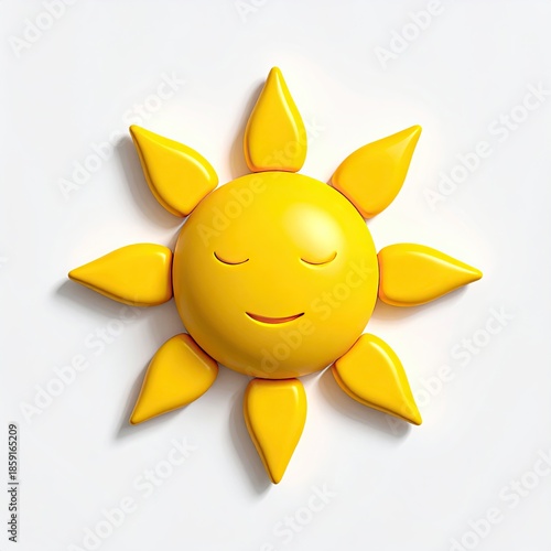 Smiling cartoon sun with closed eyes radiating rays on a white background