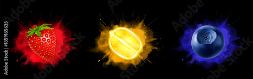 Fruit explosion set with realistic 3d splashes - lemon half, strawberry and blueberry bursting with energy effects. Dramatic advertising power flying juice particles for product advertising design.