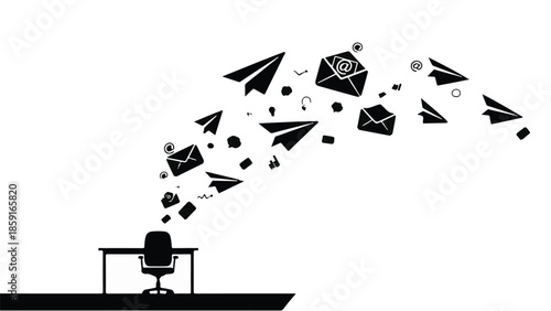 Creative concepts and messages flying from a desk, symbolizing inspiration and communication.