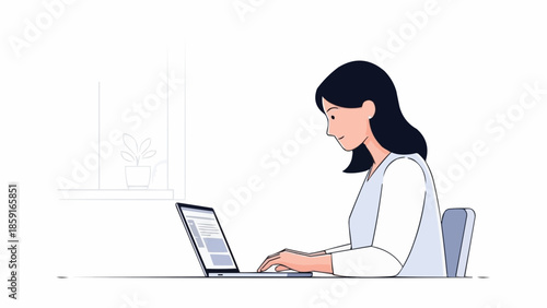 Young woman working on a laptop computer at a desk.