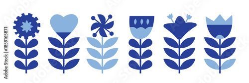 Nordic flowers set. Scandinavian floral design element. Blue and Light blue geometric folk flowers