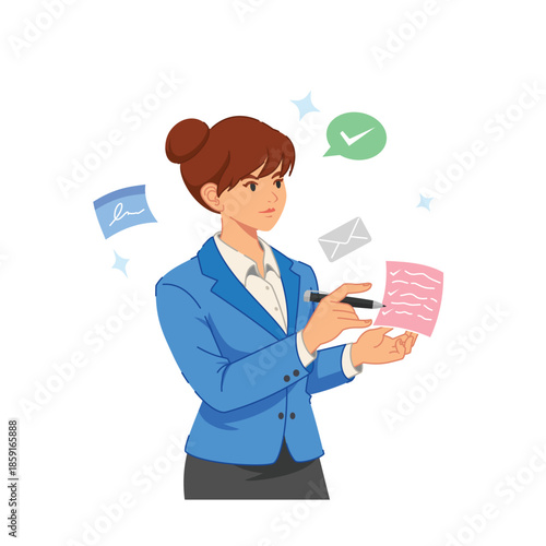 Business cartoon of an office lady organizing tasks and workflow. The illustration is showing business productivity processes