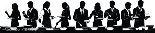 Buffet Banquet Dinner Silhouette Vector Illustration, Black Design of Business People and Waiters Serving Food, Representing Catering, Events, Corporate Meals, and Restaurant Service Design