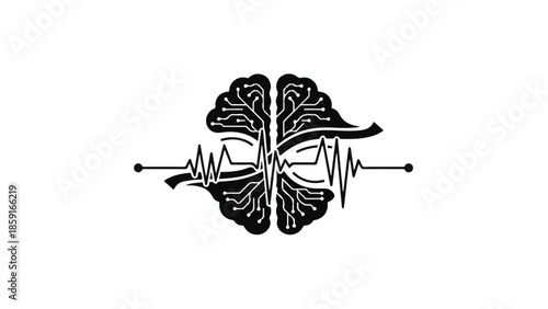 Abstract digital brain with neural network and heart rhythm waves, symbolizing connection and thought.