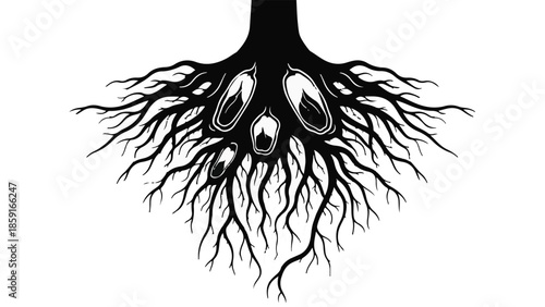 Intricate tree roots spread outwards, symbolizing growth and connection