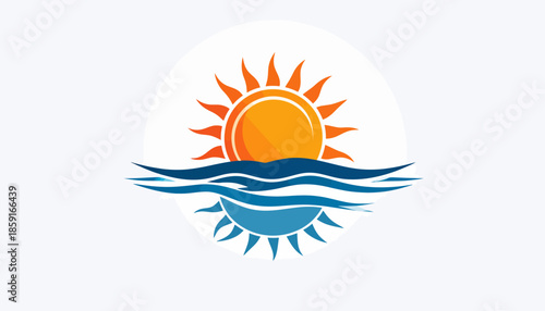 A stylized graphic of a vibrant orange sun setting or rising over blue ocean waves, with its reflection visible below the water line, all within a circular frame.