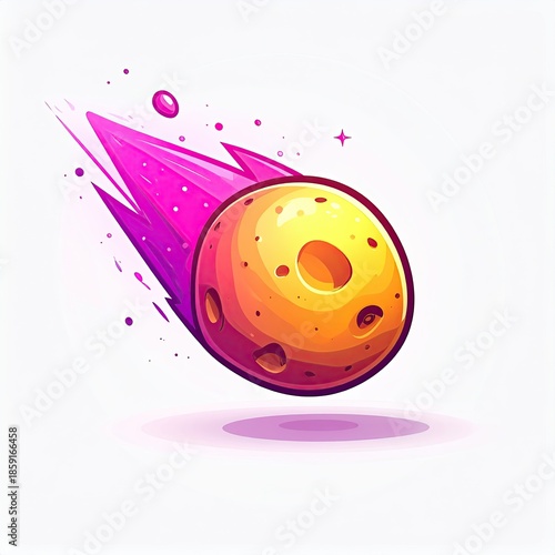 Bright cartoon asteroid with a pink trail against a white background