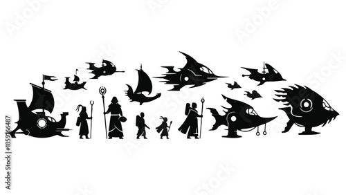 Whimsical collection of fantastical ships and mythical creatures in silhouette