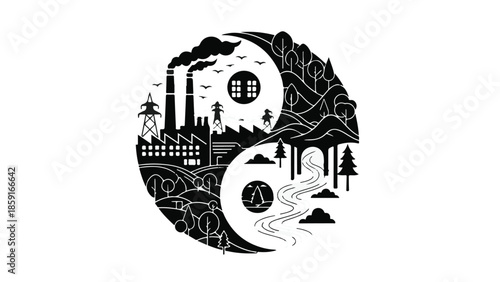 Yin yang symbol balancing industry and nature, representing harmony and contrast.