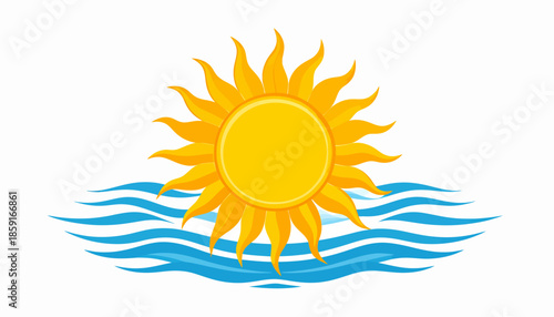 A vibrant yellow sun with radiating rays partially set behind or rising from blue ocean waves.