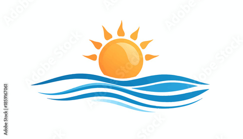 A stylized orange sun rising above blue ocean waves, symbolizing a new day or a peaceful seascape.