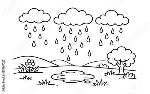 Simple line drawing of rain falling from clouds onto a landscape with a puddle