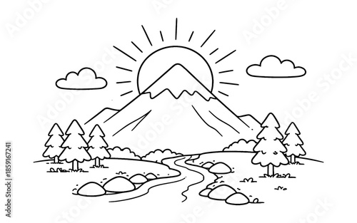 Simple line drawing of a mountain landscape with sun and river