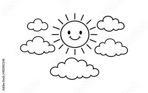 Cute cartoon sun with a smiling face surrounded by fluffy clouds in a simple line art style