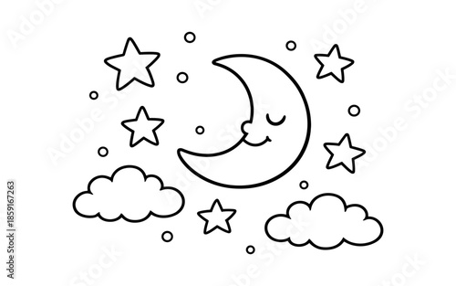 Cute cartoon crescent moon with closed eyes surrounded by stars and clouds