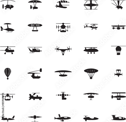 Collection of various aircraft and helicopter silhouette icons isolated