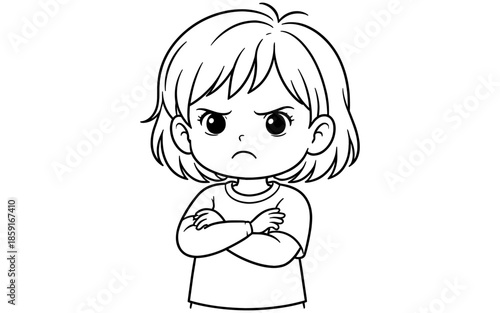 Cute cartoon girl with arms crossed looking angry and upset