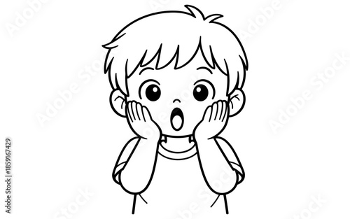 Surprised cartoon boy with wide eyes and open mouth, hands on cheeks