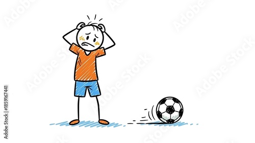 Stick figure boy frustrated after missing a soccer goal.