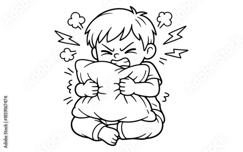 Cartoon child aggressively hugging a pillow with an angry expression and lightning bolts