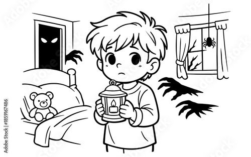 Scared child with lantern in bedroom surrounded by shadowy monsters and spider