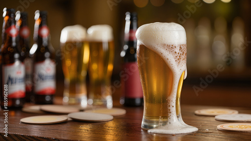 Friends enjoy cold drinks in a bar with frothy beer and bottles during an evening gathering Generative AI