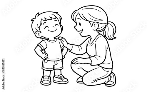 Mother gently touches her son's shoulder, both smiling warmly in a black and white illustration