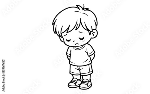 Sad cartoon boy with eyes closed and head down, feeling dejected and lonely