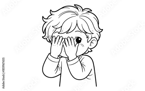 Cute cartoon boy peeking through his hands with a playful expression