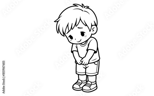 Cute cartoon boy bowing shyly with hands clasped in front of him