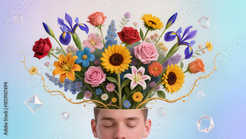 Person with closed eyes has flowers growing from the top of their head in a colorful display Generative AI